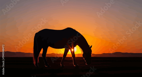 Majestic horse grazing at sunset in serene landscape