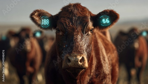 A cow with illuminated ear tags stands in a herd on a sunny day