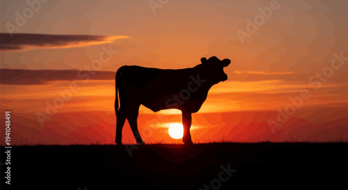 Serene cow silhouette against vibrant sunset landscape