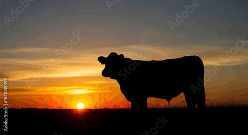 Majestic cow silhouette at sunset on serene landscape