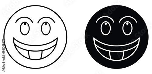 Happy emoticon face icon looking up with cheerful expression and teeth visible