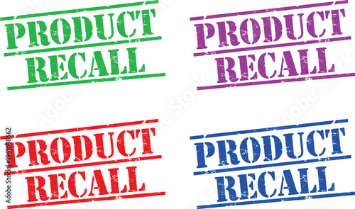 A collection of colorful product recall stamps on a white background