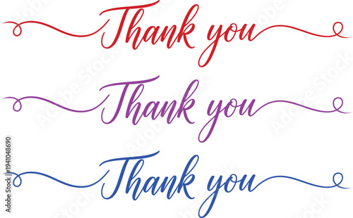 A colorful thank you message written in cursive script with decorative swirls