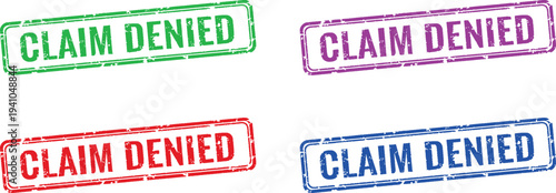 A set of colorful claim denied stamps on a white background