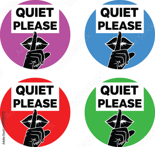 A set of colorful quiet please signs with a finger to the lips on a white background