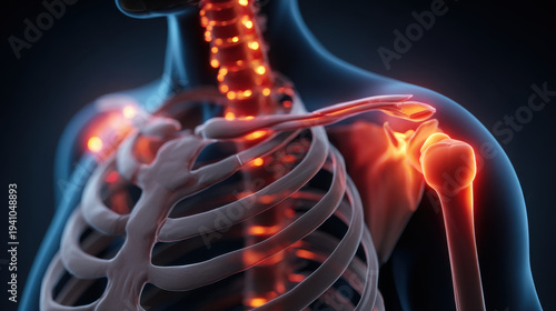Wallpaper Mural Holographic skeletal pain with inflammation in shoulder and upper ribcage showing glowing spine and joint stress, medical illustration of musculoskeletal shoulder pain and inflammation Torontodigital.ca