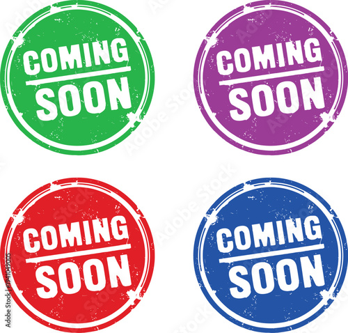 A set of colorful coming soon stamps on a white background