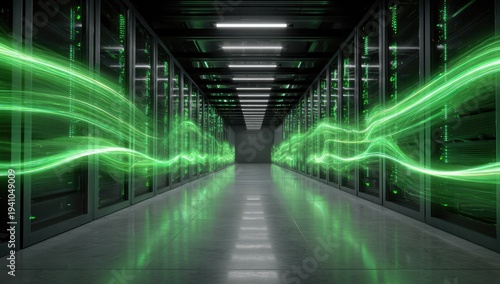 Futuristic data center with glowing green energy streams