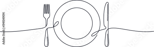 A minimalist line drawing of a plate with a fork and knife on either side, tied together with a string.