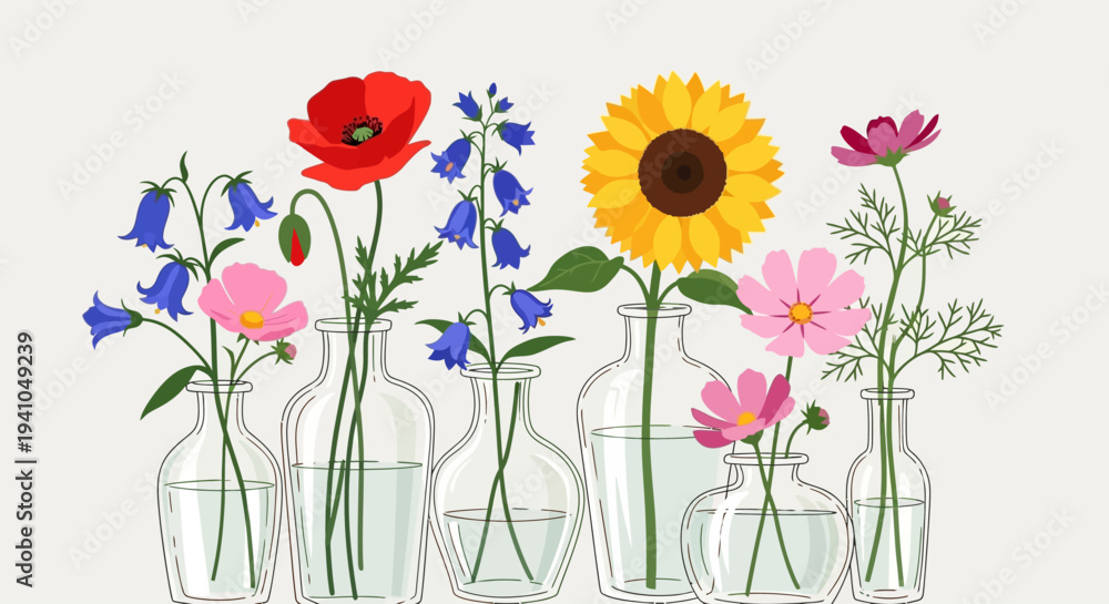 Obraz premium A vibrant collection of assorted wildflowers and sunflowers in glass vases, celebrating nature's beauty and seasonal blooms