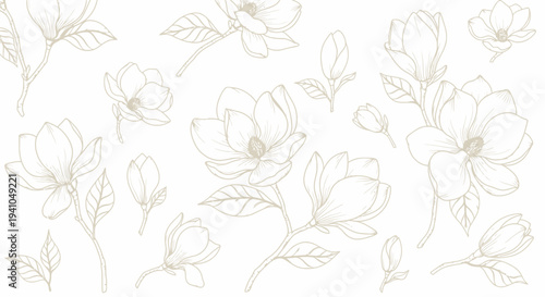 Elegant hand-drawn magnolia flower illustrations, delicate botanical sketches of blooming magnolias and buds in a soft, neutral color palette, perfect for floral designs