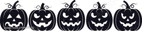 A set of spooky black jack-o-lanterns with different facial expressions on a white background for Halloween.