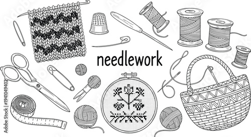 Needlework Hand Drawn Vector Set with Knitting, Sewing Tools, Yarn, Scissors, Needle, Embroidery Hoop and Craft Supplies Illustration