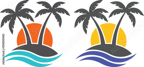 A colorful graphic illustration of two tropical island scenes with palm trees at sunset.