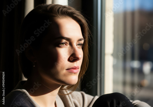 Young Woman Gazing Out Window Sunlight Portrait.