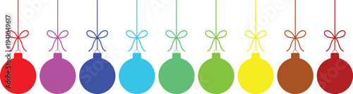 A row of colorful Christmas ornaments hanging from strings with bows