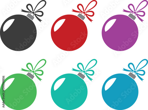 A colorful illustration of six Christmas ornaments in various vibrant colors and bows