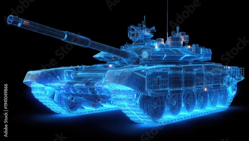 Futuristic wireframe armored vehicle with glowing blue circuitry