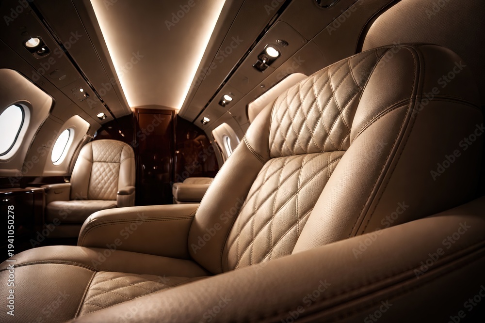 Obraz premium Opulent Private Jet Interior: Luxurious Diamond-Stitched Leather Seats in Warm Ambiance
