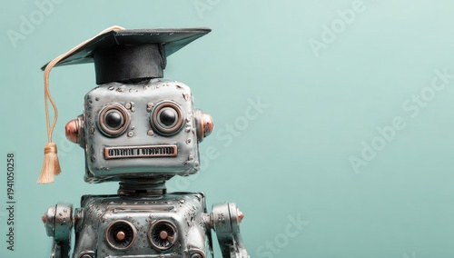 A vintage-style robot wears a graduation cap on a pastel background