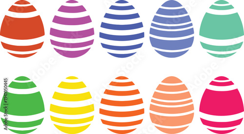 A colorful illustration of striped Easter eggs in various hues on a white background