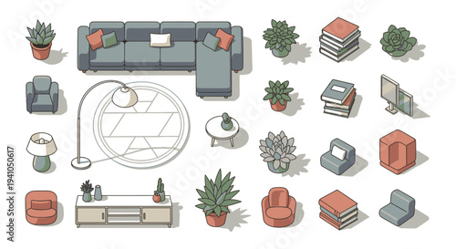 isometric collection of modern living room furniture and home decor perfect for interior design mockups or graphic assets