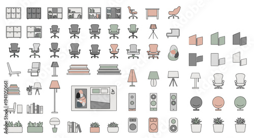 modern office furniture and home decor icons in minimalist flat design illustrating various interior elements for creative design projects