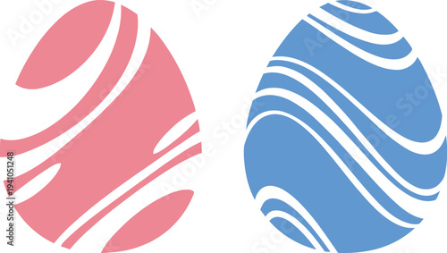 A graphic design featuring two abstract egg shapes with swirling patterns in pink and blue hues.