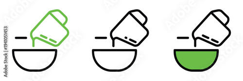 Line Measuring Cup Pouring Liquid Into Bowl Icon, plastic graduated beaker with handle, kitchen and cooking illustration isolated on white background