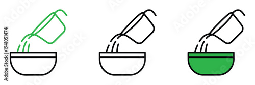 Line Measuring Cup Pouring Liquid Into Bowl Icon, plastic graduated beaker with handle, kitchen and cooking illustration isolated on white background