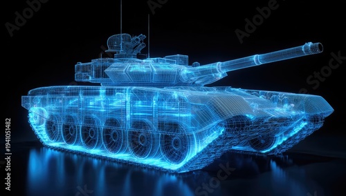 Digital blueprint of a blue armored combat vehicle in wireframe