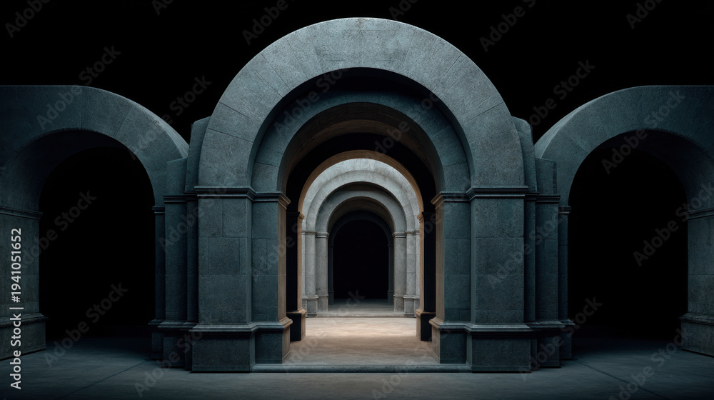 Fototapeta premium Luxury architectural passage with massive stone arches leading into dark corridor, dramatic lighting and symmetrical perspective evoking mystery and grandeur