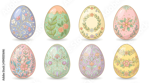 Collection of beautifully decorated pastel Easter eggs featuring intricate floral and ornamental designs, perfect for holiday celebrations