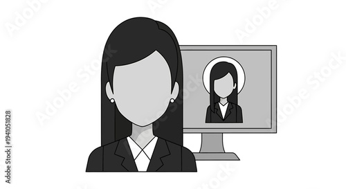 Minimalist illustration of a professional woman avatar displayed on a computer screen, symbolizing virtual communication, remote work, and online user profiles