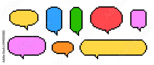 Colorful pixel text box set. Bright pixelated chat frame collection. Retro 8 bit border shape pack for speach box bubble, message cloud, communication dialog, talk balloon. Vector illustration bundle