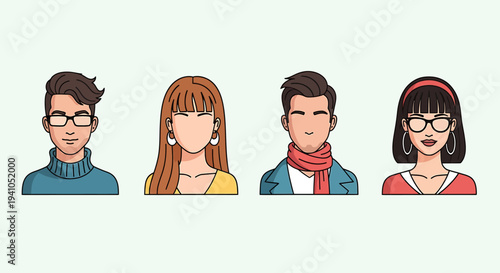 Diverse modern cartoon avatars with glasses and varying hairstyles representing a variety of people