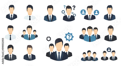 Collection of professional business profile icons depicting diverse individuals and teamwork scenarios, suitable for corporate branding and digital platforms