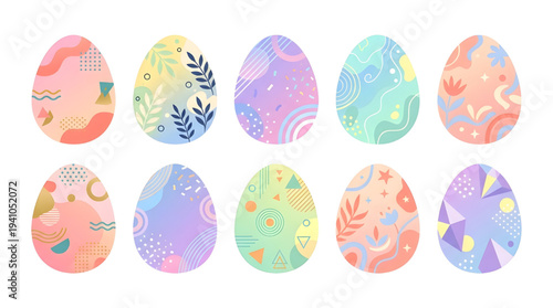 Collection of beautifully decorated Easter eggs with modern pastel patterns and abstract designs, perfect for holiday greetings and celebrations