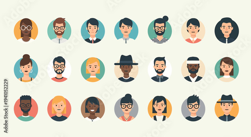 A comprehensive collection of diverse flat design vector avatars, showcasing a wide range of individuals for digital profiles, user interfaces, and promoting inclusive online representation