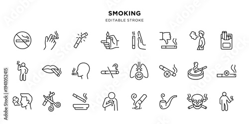 Smoking line icon set with editable stroke