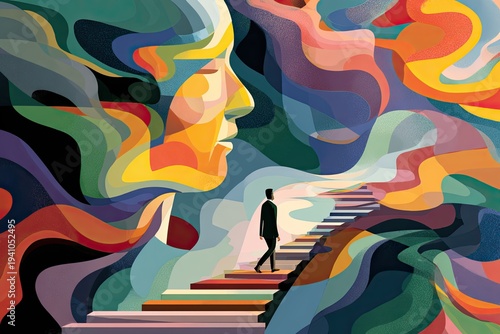 Abstract portrait surrounds man ascending colorful stairs into light