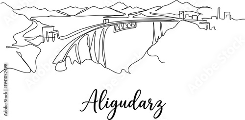 Aligudarz Iran landscape with dam and mountains continuous line art illustration