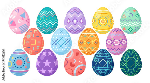 Vibrant collection of colorful Easter eggs adorned with intricate patterns, perfect for spring holiday celebrations and festive designs