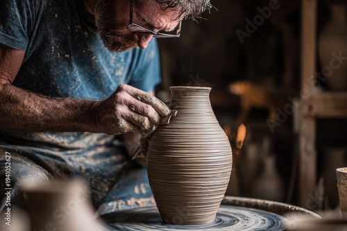 Hands shape clay on a spinning wheel, crafting a vessel