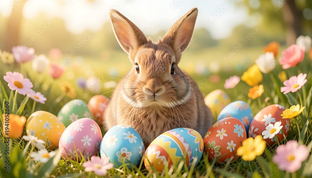 Obraz premium Furry rabbit with decorated eggs, representing Easter celebration and spring joy, perfect for holiday greeting, spring themes and festive occasion, created with generative ai