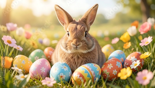 Furry rabbit with decorated eggs, representing Easter celebration and spring joy, perfect for holiday greeting, spring themes and festive occasion, created with generative ai