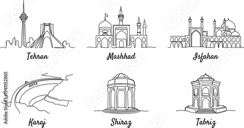 Iranian city landmarks minimalist line art vector illustration featuring Tehran Mashhad Isfahan