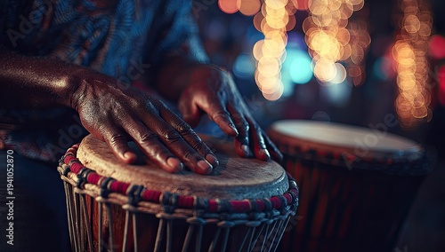 Hands playing traditional drums with blurred bokeh lights in background