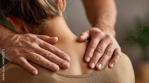 Wallpaper Mural Soft shoulder massage therapy session with therapist hands on upper back providing gentle relief and calm comfort to patient in neutral treatment setting Torontodigital.ca