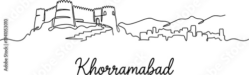 Khorramabad city skyline with Falak-ol-Aflak castle one line drawing vector illustration